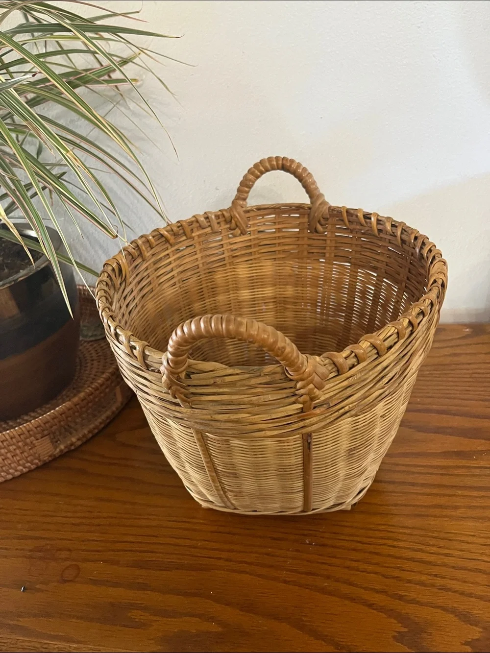 Handwoven Natural Rattan Basket with Loop Handles - Tan